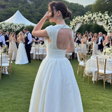 White Women’s Circle Cut-Out Back Dress – Wide Shoulder Fitted Waist Prom Dress