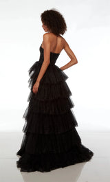 Abendkleid mit schwarzer Spitzenstickerei | Glitzer-Tüll-Lagenkleid