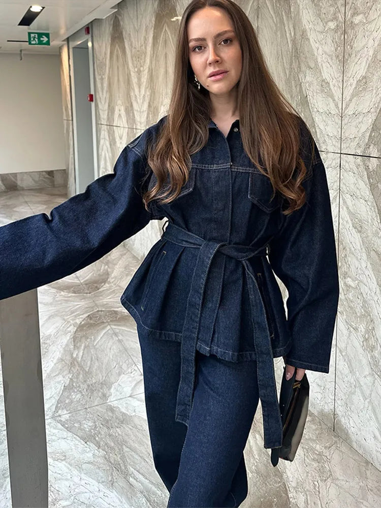 Women’s Fashion Denim Jacket with Waist Belt – Elegant Single Breasted Long Sleeve Jean Coat