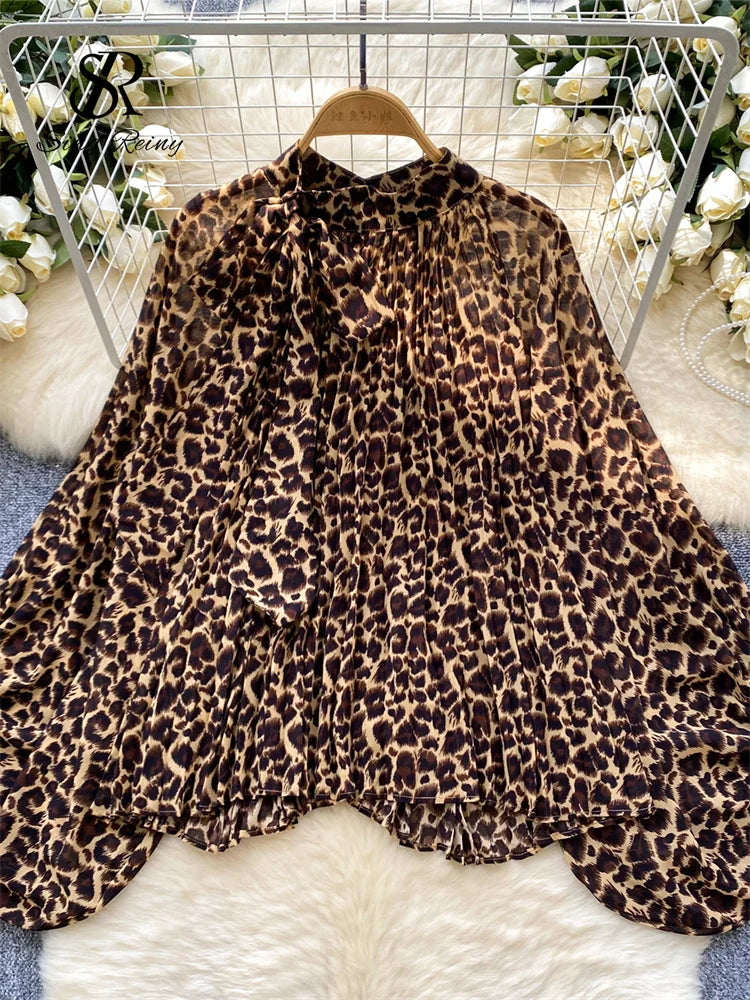 Women’s Leopard Print Blouse | Bow Tie Neck Long Sleeve Shirt