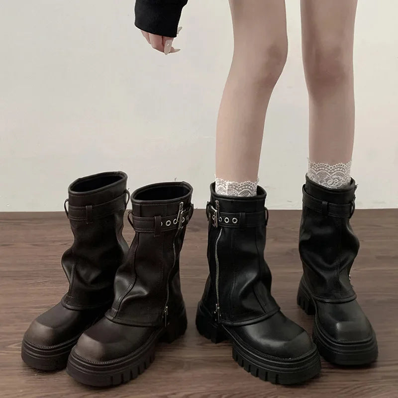 Women’s Winter Biker Boots – Elegant Platform Flat Fashion Belt Buckle Knight Boots