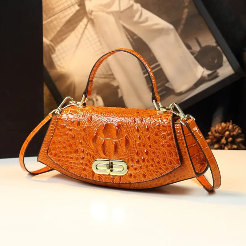 Luxury Crocodile Pattern Saddle Bag | Genuine Leather Small Shoulder Bag