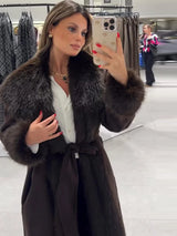 Women’s Brown Faux Fur Patchwork Long Jacket – Elegant Belted Lace-Up Overcoat
