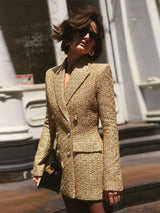 Women's Golden Sequin Blazer - Elegant V-Neck Double Breasted Evening Jacket, Slim Fit Formal Party Outerwear