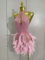 Luxuriöses Damen-Minikleid mit Strass und Perlen – Sexy Feder-Neckholder-Abendkleid mit Rückenausschnitt