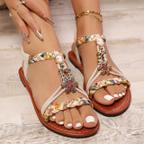Damen-Flachsandalen im Ethno-Stil mit runder Zehenpartie, Perlenbesatz und Knöchelriemen im Bohemian-Stil