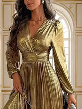 Damen goldenes, langärmeliges, plissiertes V-Ausschnitt-Kleid – Elegantes Kleid für Hochzeit, Abschlussball und festliche Anlässe