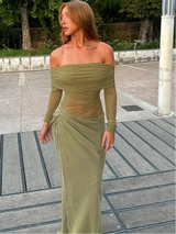 Sexy Mesh Ruched Maxi Dress – See Through Off Shoulder Long Sleeve Sheath