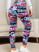 Damen-Leggings mit Graffiti-Print, hochelastisch, gebürstet, weich, hohe Taille, sexy, Neun-Punkte