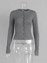 Casual Knit Cardigan Top for Women – Long Sleeve Ribbed Patchwork Slim Blouse