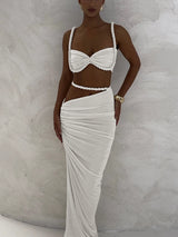Sexy 2 Piece Vacation Outfits for Women – Pleated Crop Cami Top & Shirring High Waist Maxi Skirt Set