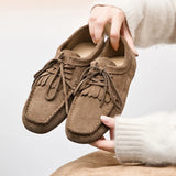 Damen-Loafer aus echtem Rindsveloursleder – Flache Schuhe mit eckiger Zehenpartie