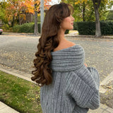 Women’s Off-Shoulder Knit Sweater – Brown Retro Loose Casual Pullover