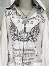 Women’s White American Retro Printed Hoodie – Y2K Harajuku Zipper Sweatshirt