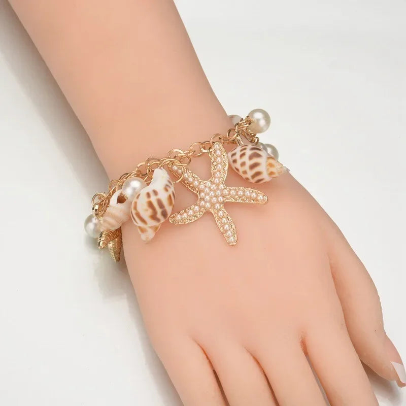 Seestern- und Muschel-Charm-Armband für Damen – Naturperle & Muschel-Sommerstrand-Schmuck