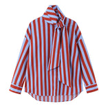 Damen Gestreifte Bluse mit Knopfleiste und Schleife – Langarm Locker Geschnitten
