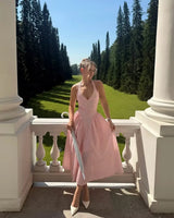 Summer Women’s Sexy Backless Pink Plaid Halter Dress – Elegant Low Waist Party Dress