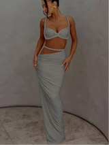 Sexy 2 Piece Vacation Outfits for Women – Pleated Crop Cami Top & Shirring High Waist Maxi Skirt Set