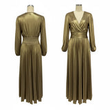 Damen goldenes, langärmeliges, plissiertes V-Ausschnitt-Kleid – Elegantes Kleid für Hochzeit, Abschlussball und festliche Anlässe