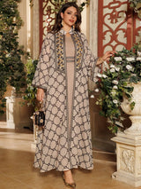 Muslim Women’s 2-Piece Abaya Set | Embroidered Open Cardigan with Inner Dress