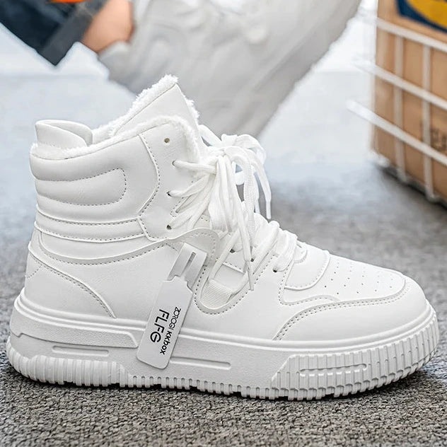 Men's White Waterproof Snow Sneakers – Warm Plush Lined Winter Shoes, Anti-Slip & Wear-Resistant Outdoor Casual Trainers