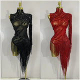 Glitzerndes Strass-Fransen-Minikleid – Sexy One-Shoulder-Durchsichtige Robe – Lateinamerikanischer Tanz-Performance-Outfit