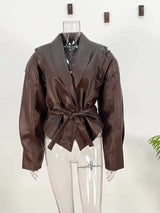 Vintage Damen Lederjacke – Gepolsterte Schulter Hohe Taille Ledermantel mit Gürtel