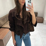 Vintage Wildlederjacke für Damen – Herbstmode Schnür-Mantel Schmale Passform