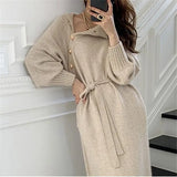 Women’s Vintage Turtleneck Knitted Dress – Long Sleeve Button Bandage Midi Dress