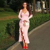 Women’s Sexy Deep V-Neck High Slit Ruffle Flare Sleeve Single Breasted Party Dress