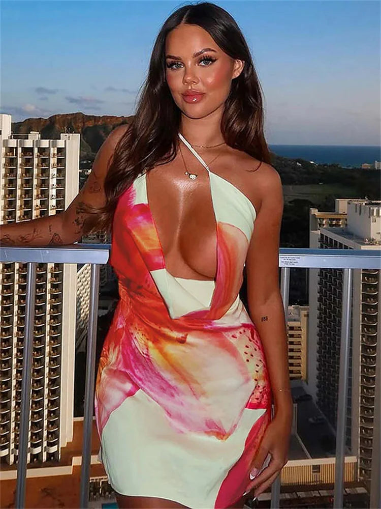 Damen One-Shoulder V-Ausschnitt Sommer-Minikleid – Bedrucktes, kontrastierendes, schmales Spaghettiträger-Kleid