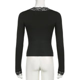 Y2K Spitze Patchwork Schwarzes Skinny T-Shirt | Elegantes V-Ausschnitt Langarm Vintage Top