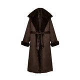 Women’s Brown Faux Fur Patchwork Long Jacket – Elegant Belted Lace-Up Overcoat