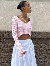 Strickwaren Damen V-Ausschnitt Langarm 透かし Netz Crop Top