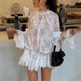 Women’s Sexy Lace Sheer Mesh Dress – Floral See-Through High Neck Mini Dress