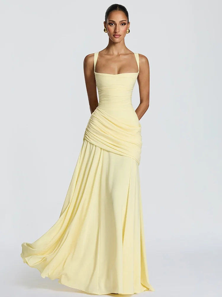 Women’s Solid Square Neck Pleated Sling Dress