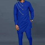 Afrikanisches Einreihiges Hemd mit Kettendetail und Hose Herren 2-teiliges Bazin Riche Set