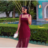 Women’s Elegant Ribbon Halter Party Dress – Sexy Square Collar Patchwork Dress