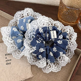 Denim Color Embroidered Flowers Lace Hair Scrunchies