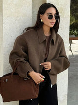 Damen braune Reißverschluss-Wolljacke – Eleganter Revers Langarm Kurzmantel