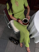 Women’s Short Sleeve Knitted Long Dress – Slim Fit Hollow Out Retro Maxi