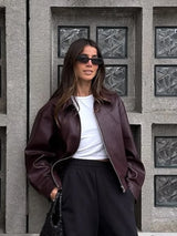 Female High Street Fashion: Retro Wine Red Faux Leather Jacket with Lapels (2025)