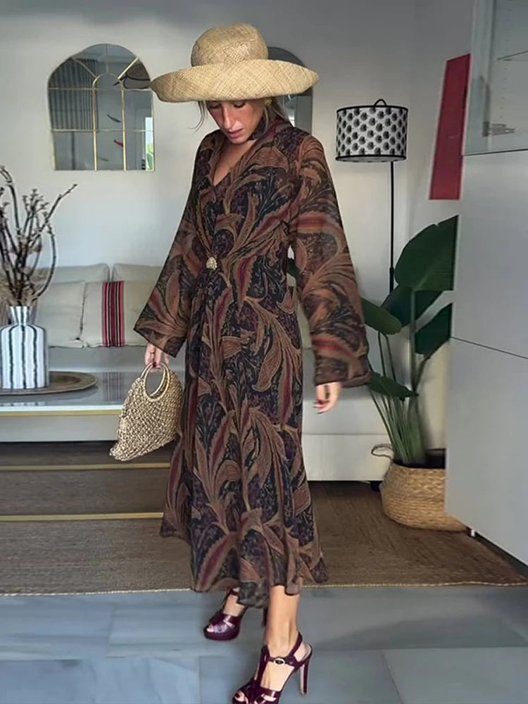 Women’s Casual Floral Printed Scarf Neck Dress – Elegant Long Sleeve Maxi Dress