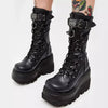 Women's Goth Platform Black Lace-Up Combat Boots – Punk Wedge High Heels with Rivet Buckle