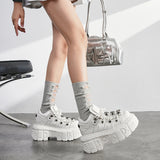 Women’s White Gothic Platform Punk Lace-Up Metal Decor Rock Boots