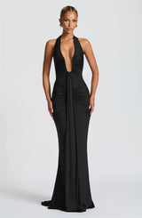 Sexy tief ausgeschnittenes, drapiertes Maxikleid mit V-Ausschnitt – Sommerliches Neckholder-Kleid für Damen, rückenfrei, lang
