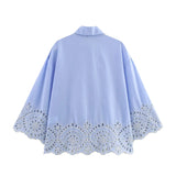 Damenblaue bestickte ausgehöhlte Hemdbluse | Bluse mit Reverskragen und Knopfleiste vorne