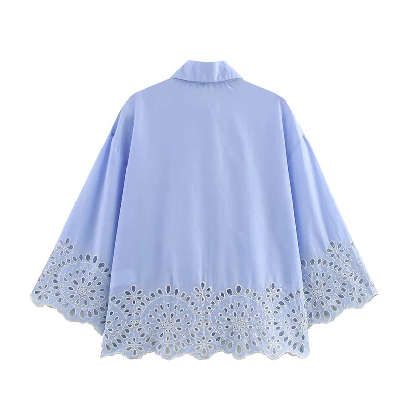 Women’s Blue Embroidery Hollow Out Shirt | Front Button Lapel Collar Blouse