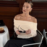 Sexy apricotfarbenes One-Shoulder-Top – Elegante ausgehöhlte Spitzenbluse, plissiertes durchsichtiges Party-Top