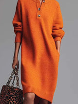 Women’s Elegant Lapel Collar Knit Dress – Long Sleeve Ribbed Solid Midi Dress